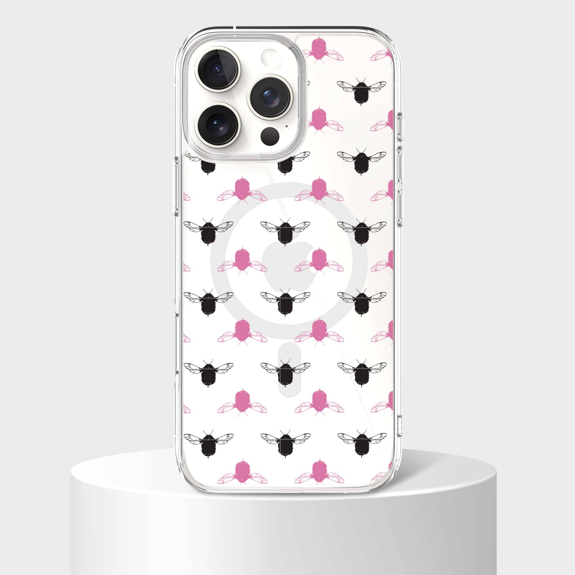 iPhone 16 Pro Clear Case - Black and Pink Bumble Design