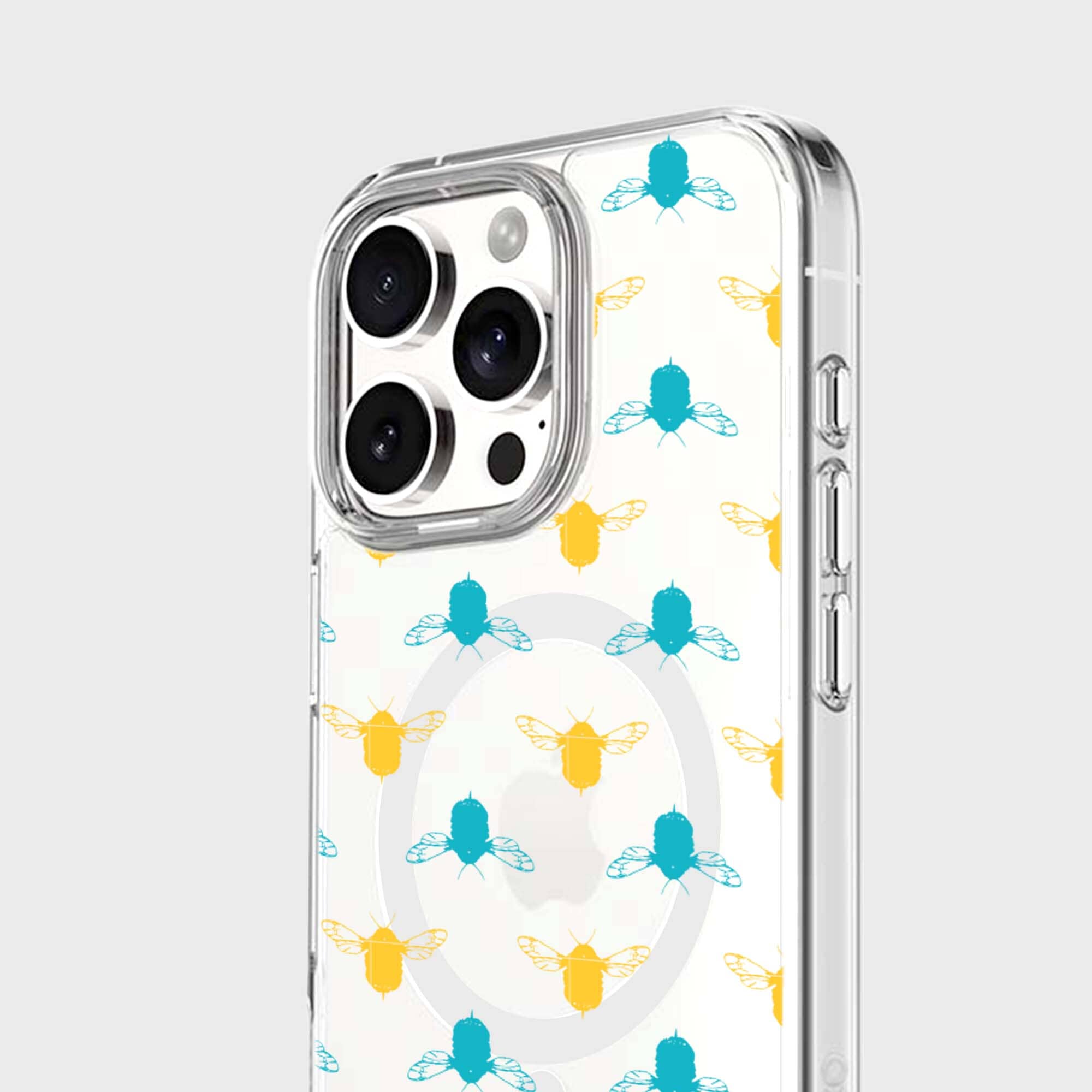 iPhone 16 Pro Max Clear Case - Blue and Yellow Bumble Design