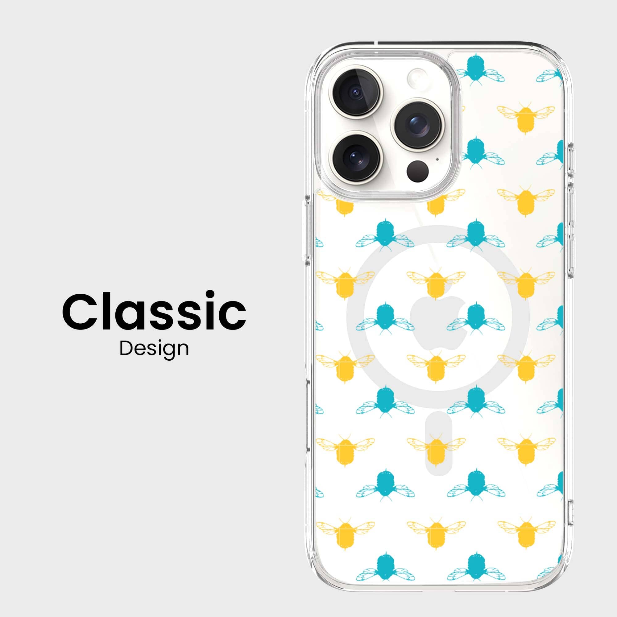 iPhone 16 Pro Max Clear Case - Blue and Yellow Bumble Design