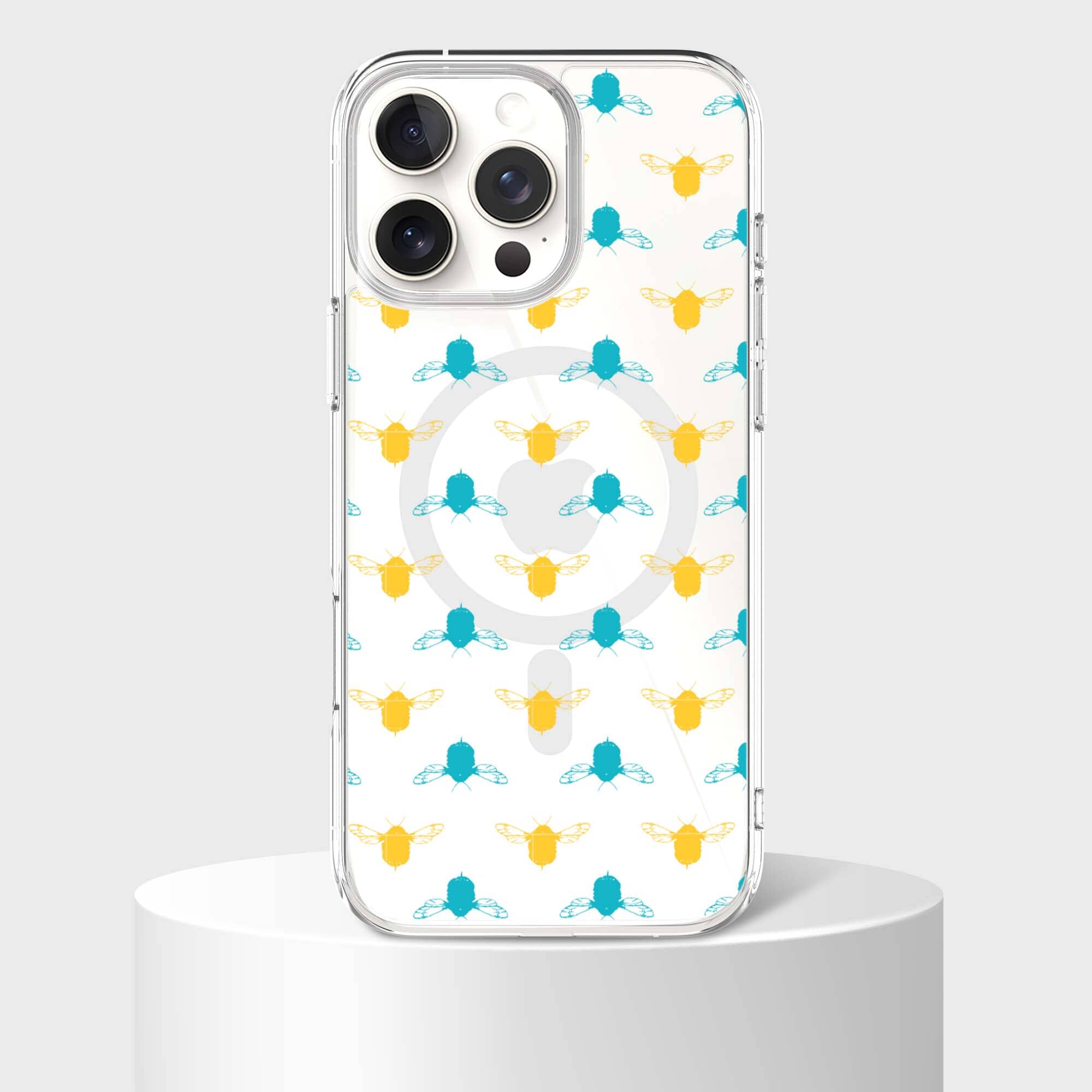 iPhone 16 Pro Max Clear Case - Blue and Yellow Bumble Design