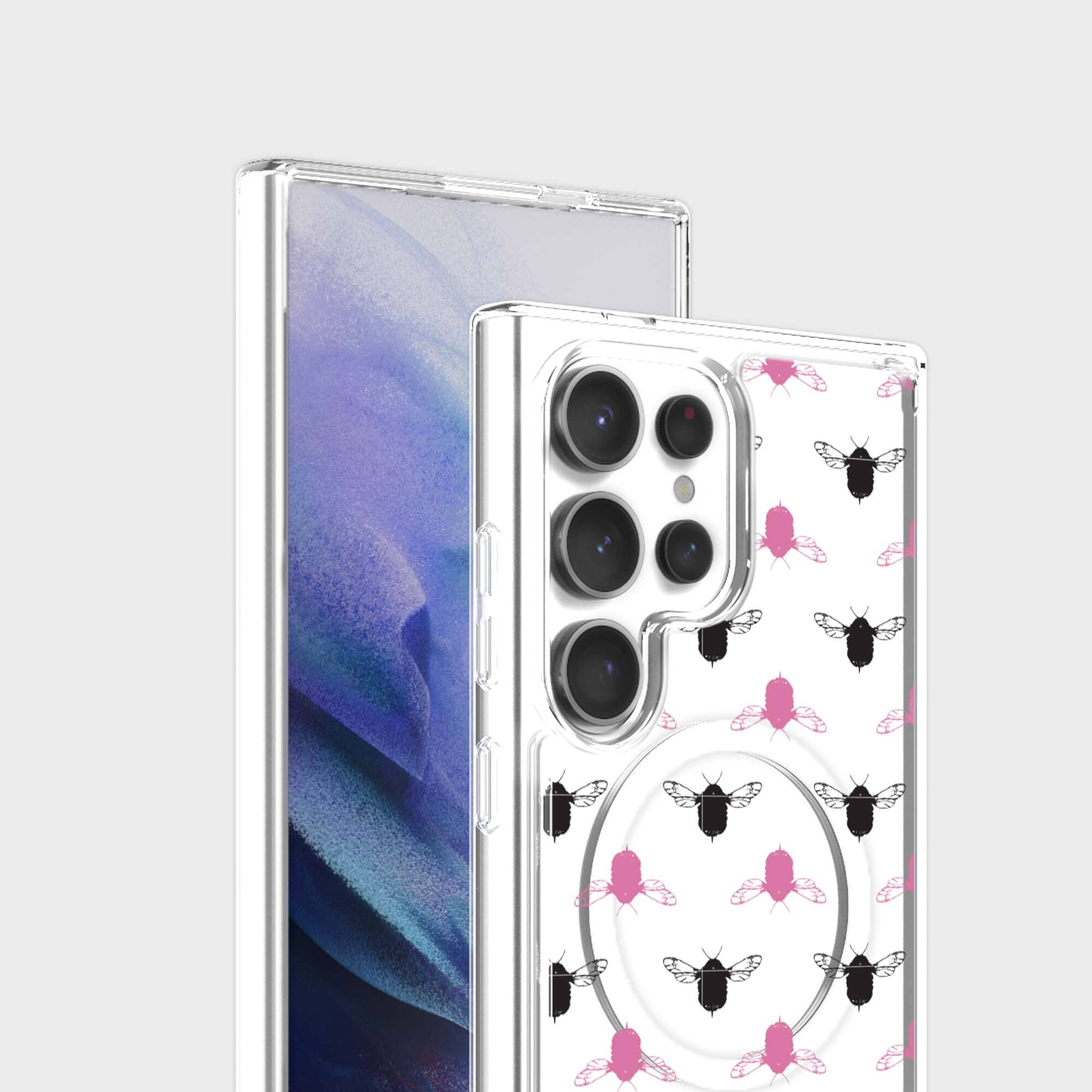Samsung Galaxy S24 Ultra Clear Case - Black and Pink Bumble Design