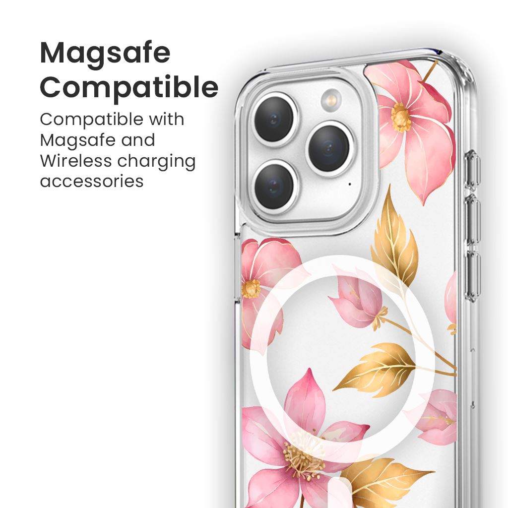 MagSafe iPhone 15 Pro Max Pink Wildflower Clear Case