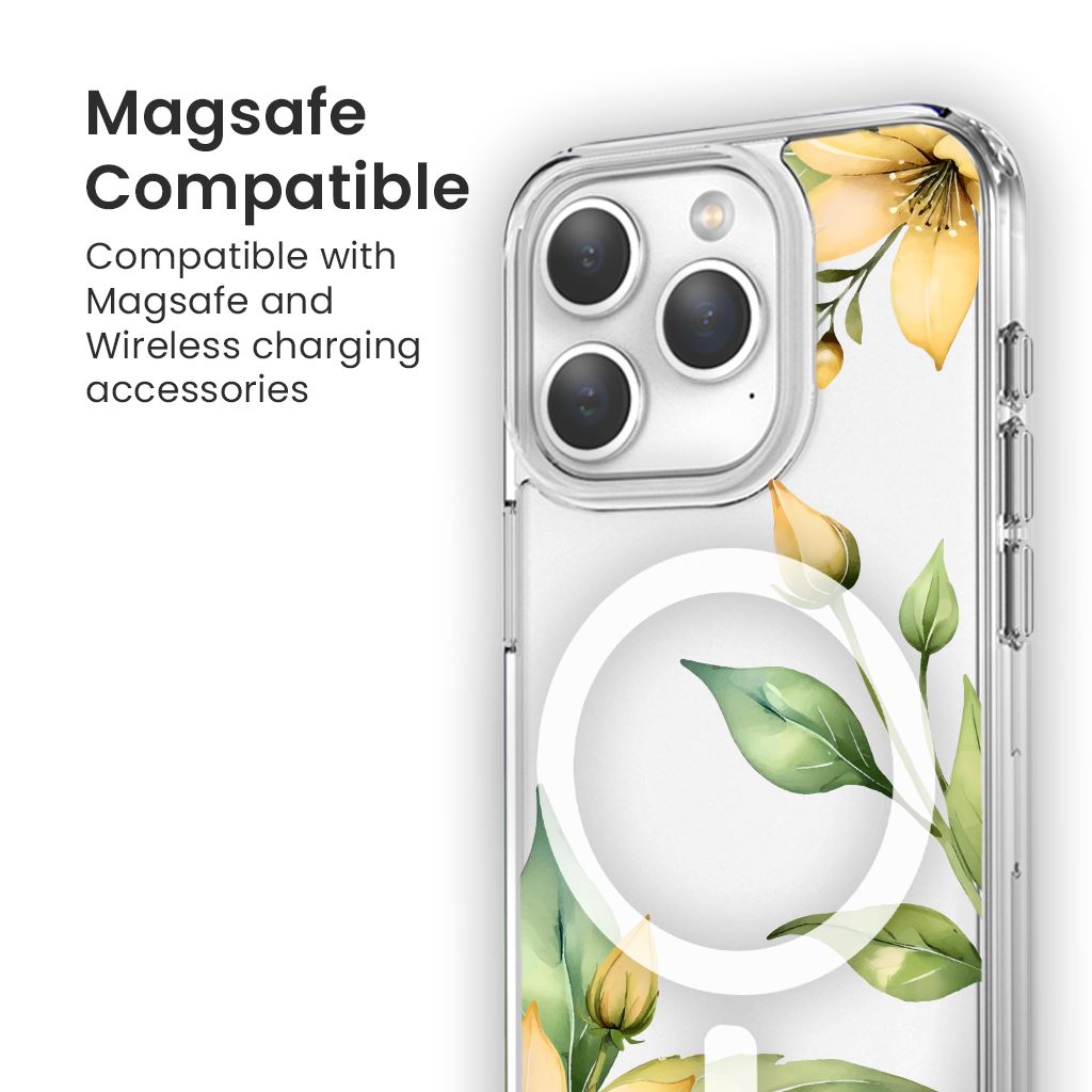 MagSafe iPhone 15 Pro Max Yellow Wildflower Clear Case