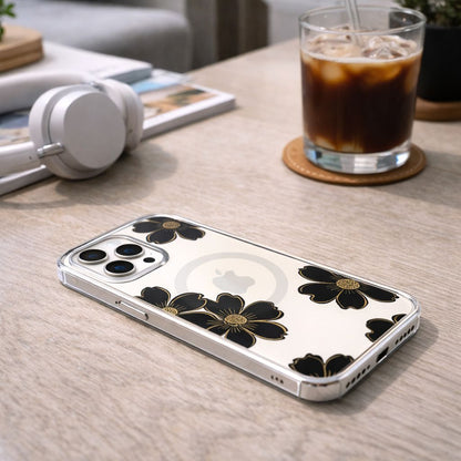 MagSafe iPhone 16 Pro Black Flower Clear Case