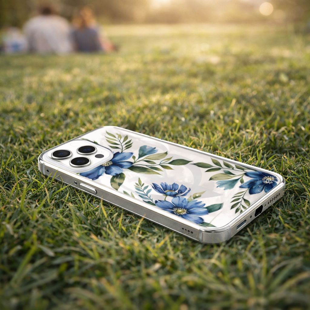 MagSafe iPhone 16 Pro Max Blue Floral Clear Case