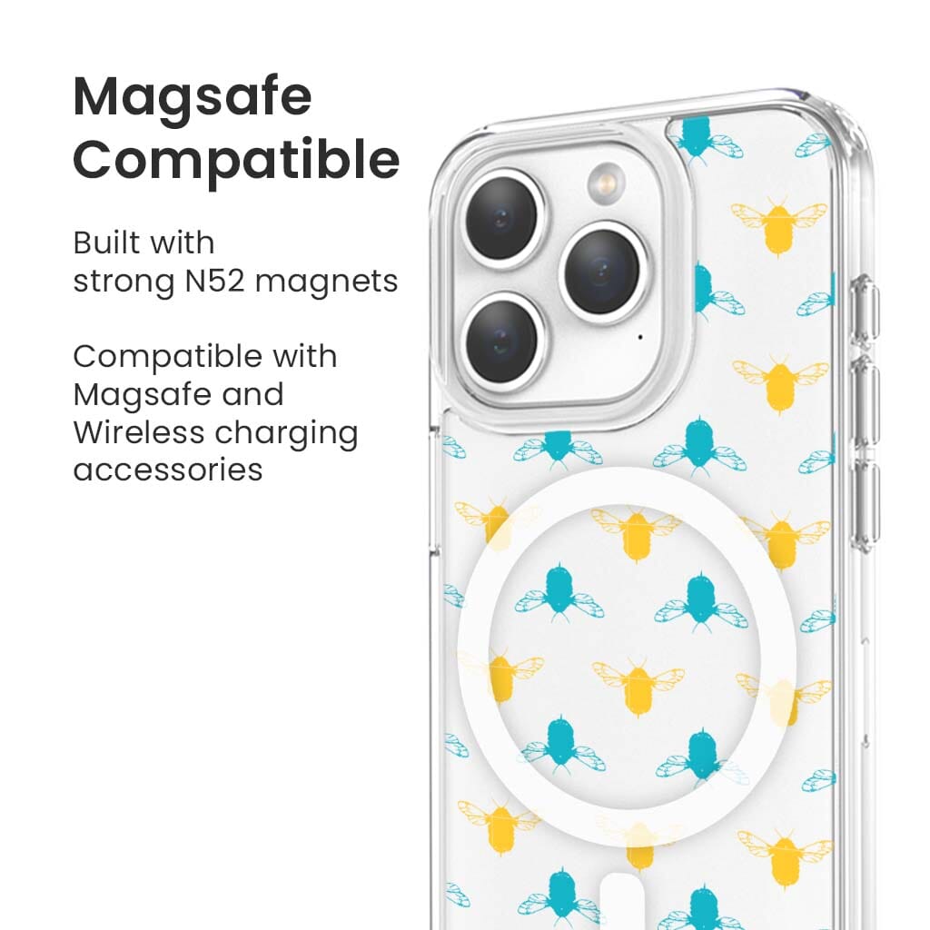 iPhone 15 Pro Max Clear Case - Blue and Yellow Bumble Design