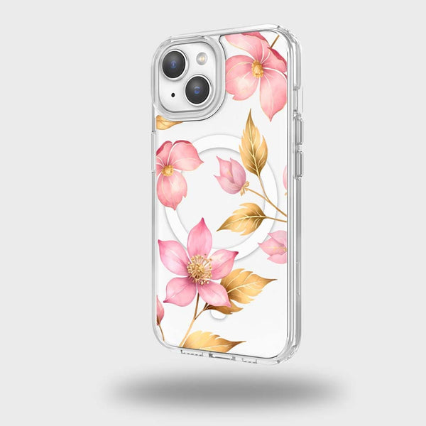 iPhone 15 Clear Design Case – Pink Wildflower | MagSafe, 10‑ft