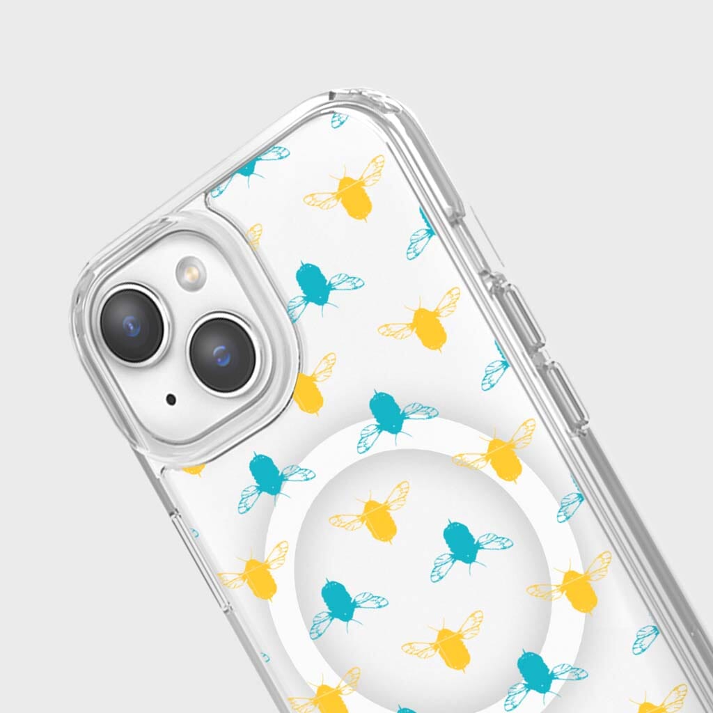 iPhone 15 Clear Case - Blue and Yellow Bumble Design