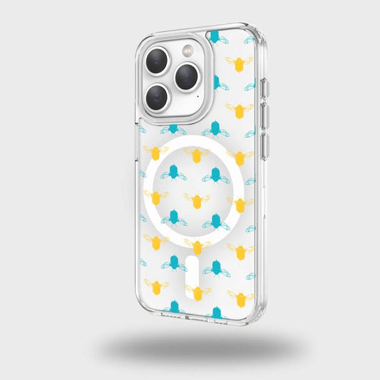 iPhone 15 Pro Clear Case - Blue and Yellow Bumble Design