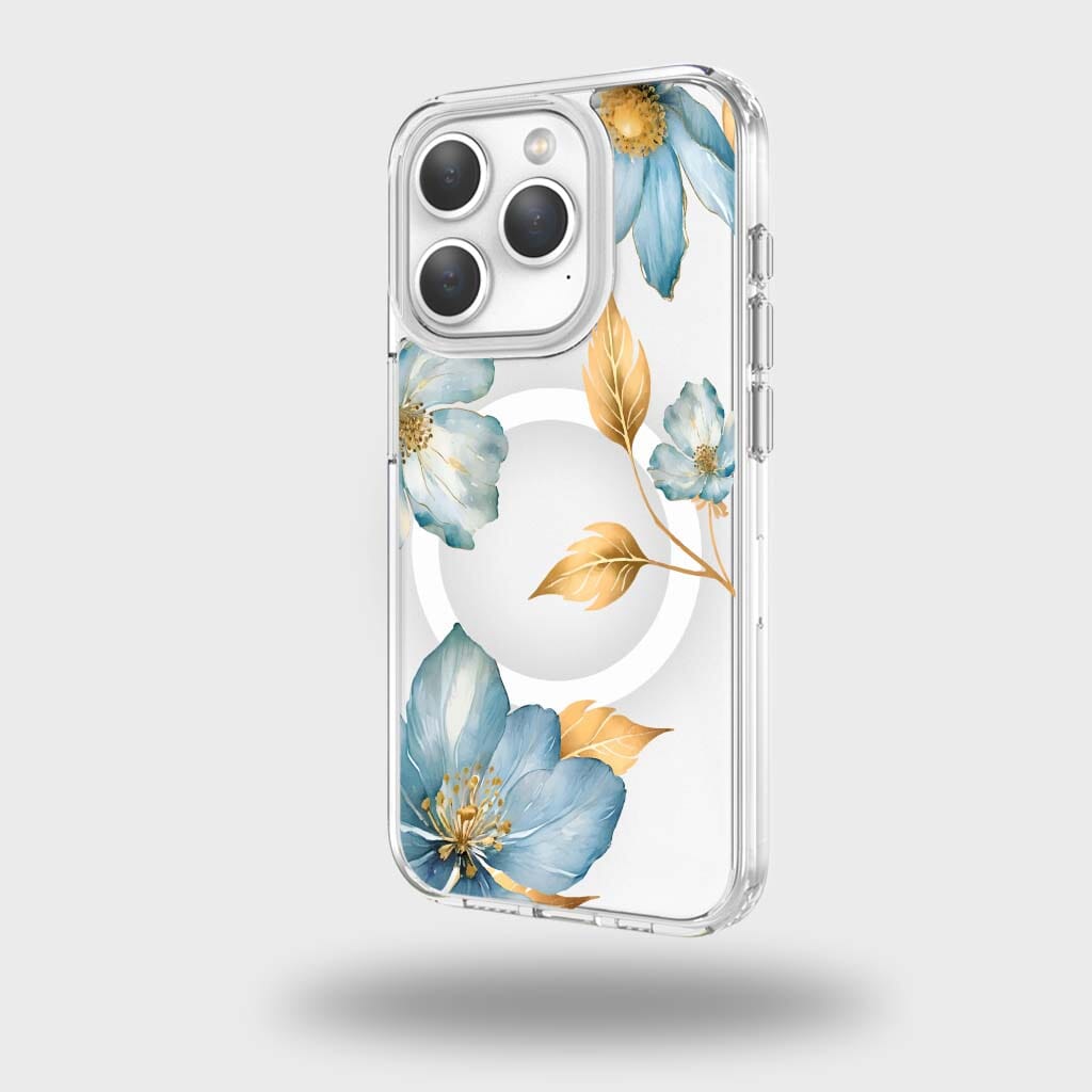 MagSafe iPhone 15 Pro Blue Wildflower Clear Case