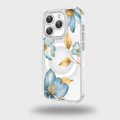 MagSafe iPhone 15 Pro Max Blue Wildflower Clear Case