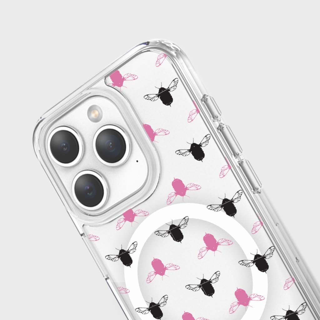 iPhone 15 Pro Clear Case - Black and Pink Bumble Design