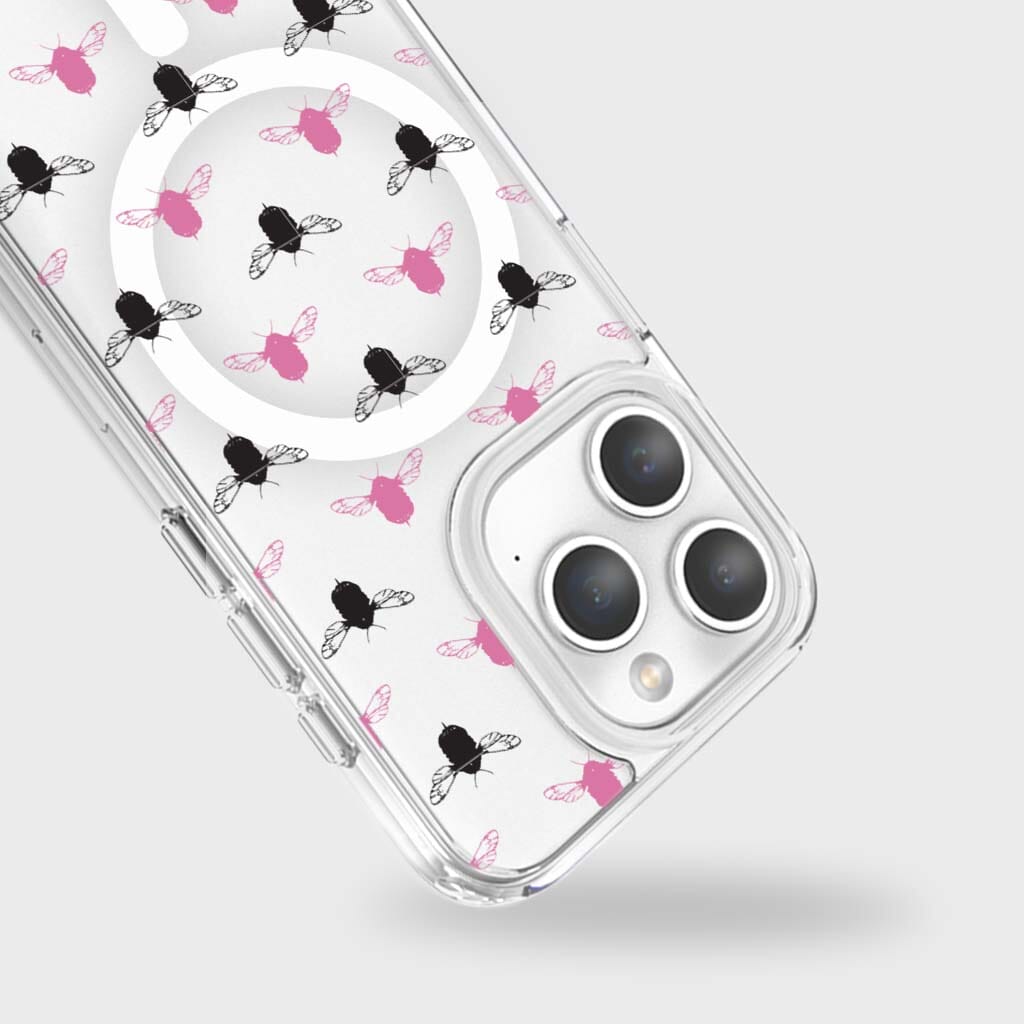 iPhone 15 Pro Clear Case - Black and Pink Bumble Design