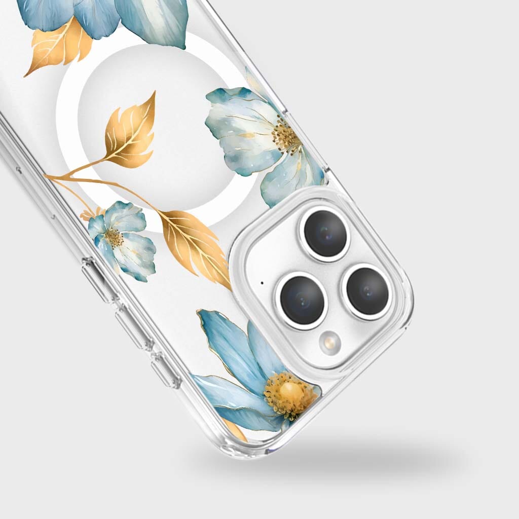 MagSafe iPhone 15 Pro Max Blue Wildflower Clear Case