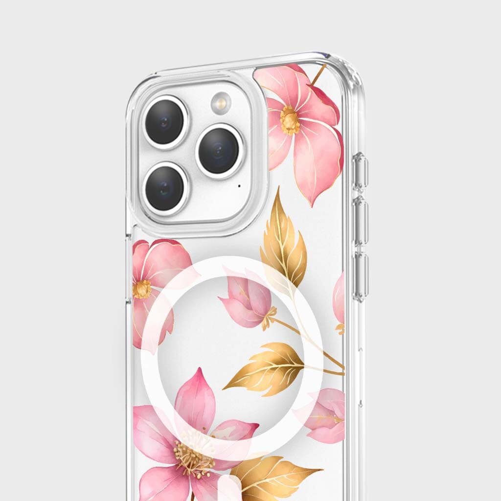 MagSafe iPhone 15 Pro Pink Wildflower Clear Case