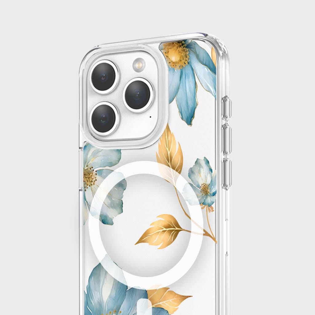 MagSafe iPhone 15 Pro Blue Wildflower Clear Case