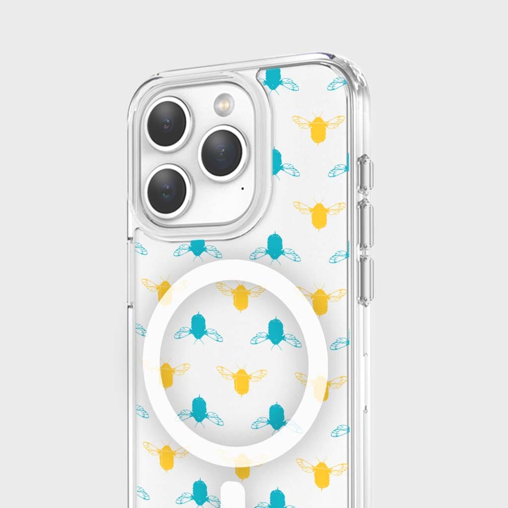 iPhone 15 Pro Clear Case - Blue and Yellow Bumble Design