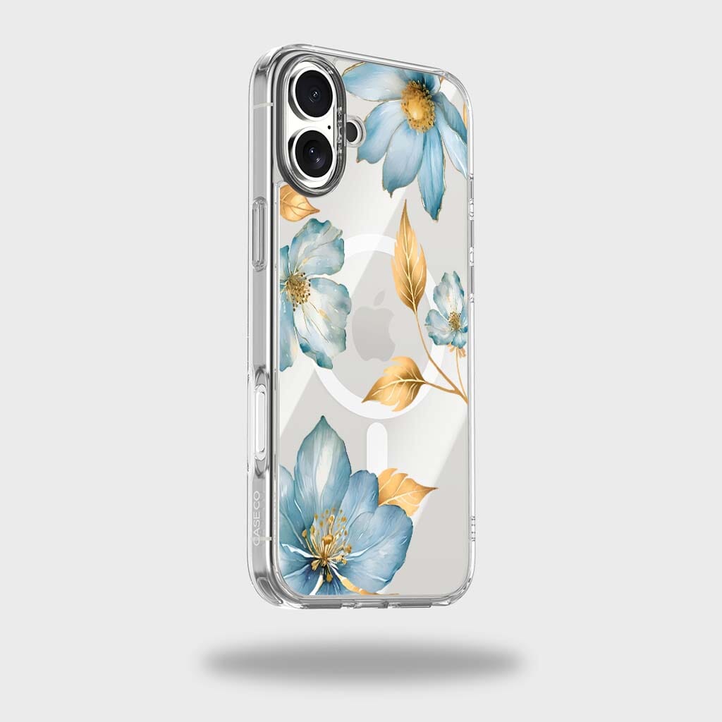 MagSafe iPhone 16 Blue Wildflower Clear Case