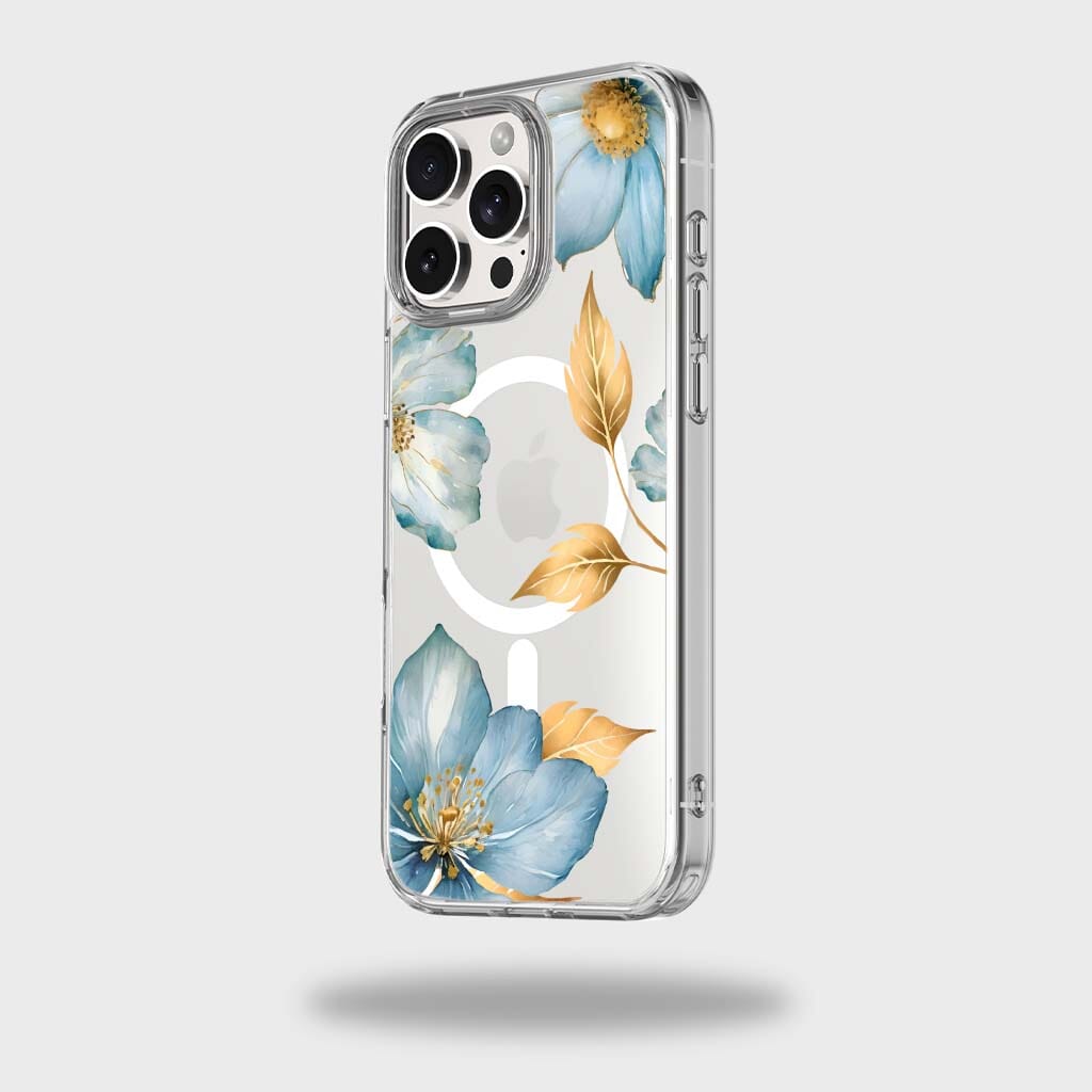 MagSafe iPhone 16 Pro Blue Wildflower Clear Case