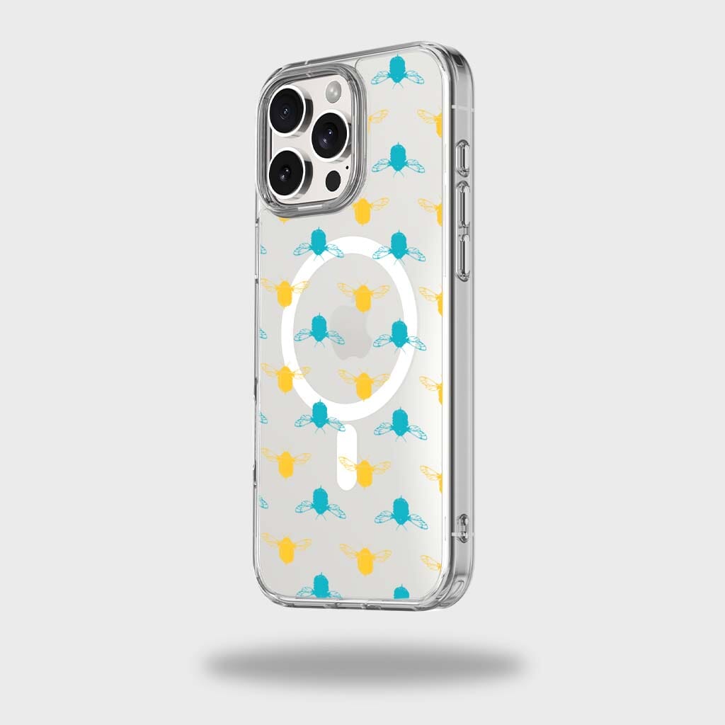 iPhone 16 Pro Max Clear Case - Blue and Yellow Bumble Design