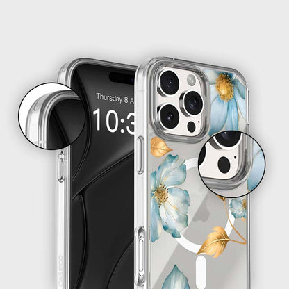 MagSafe iPhone 16 Pro Blue Wildflower Clear Case