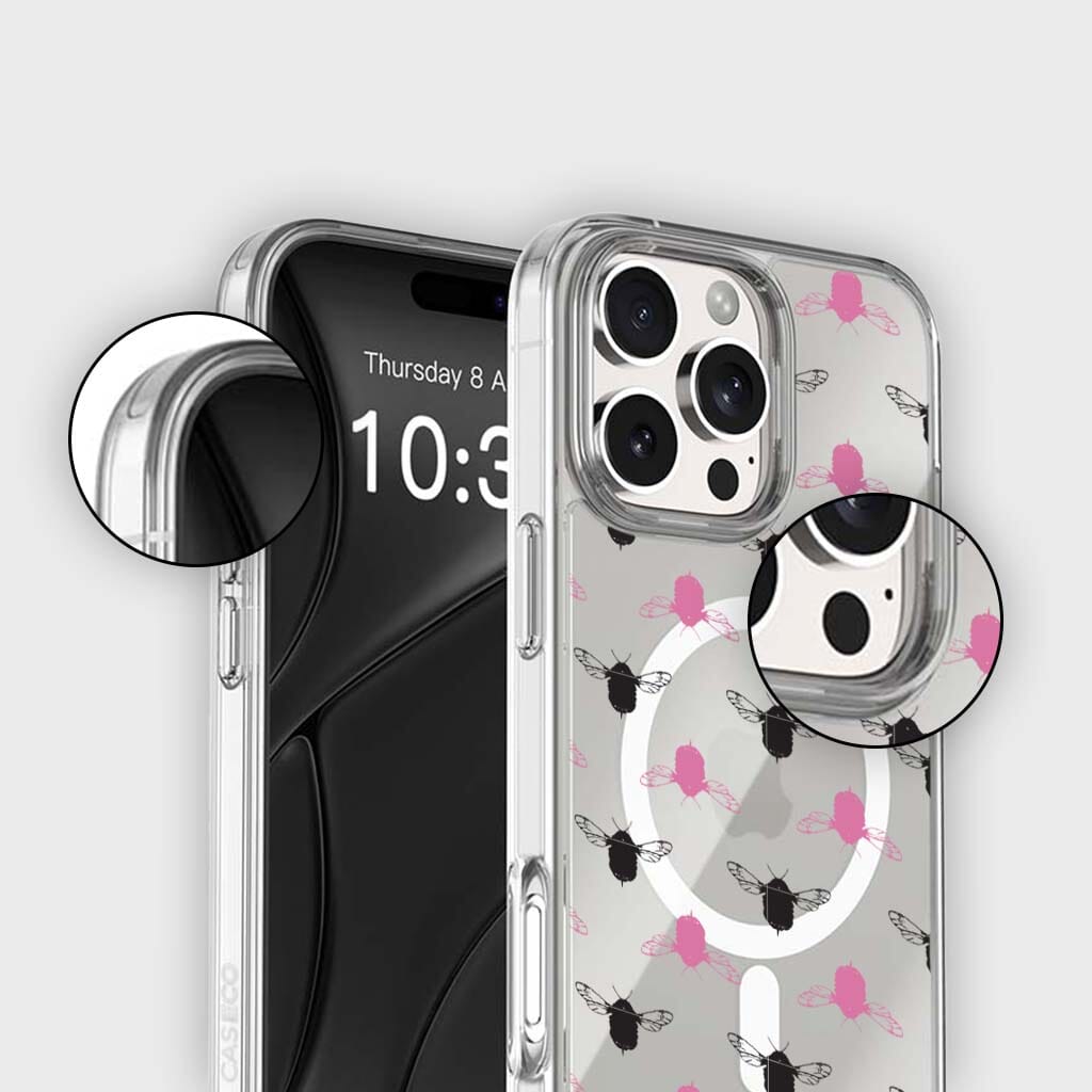 iPhone 16 Pro Clear Case - Black and Pink Bumble Design