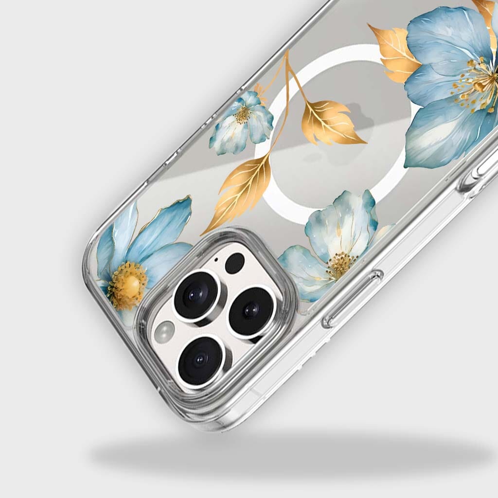 MagSafe iPhone 16 Pro Max Blue Wildflower Clear Case