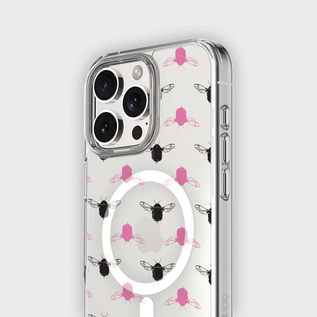 iPhone 16 Pro Max Clear Case - Black and Pink Bumble Design