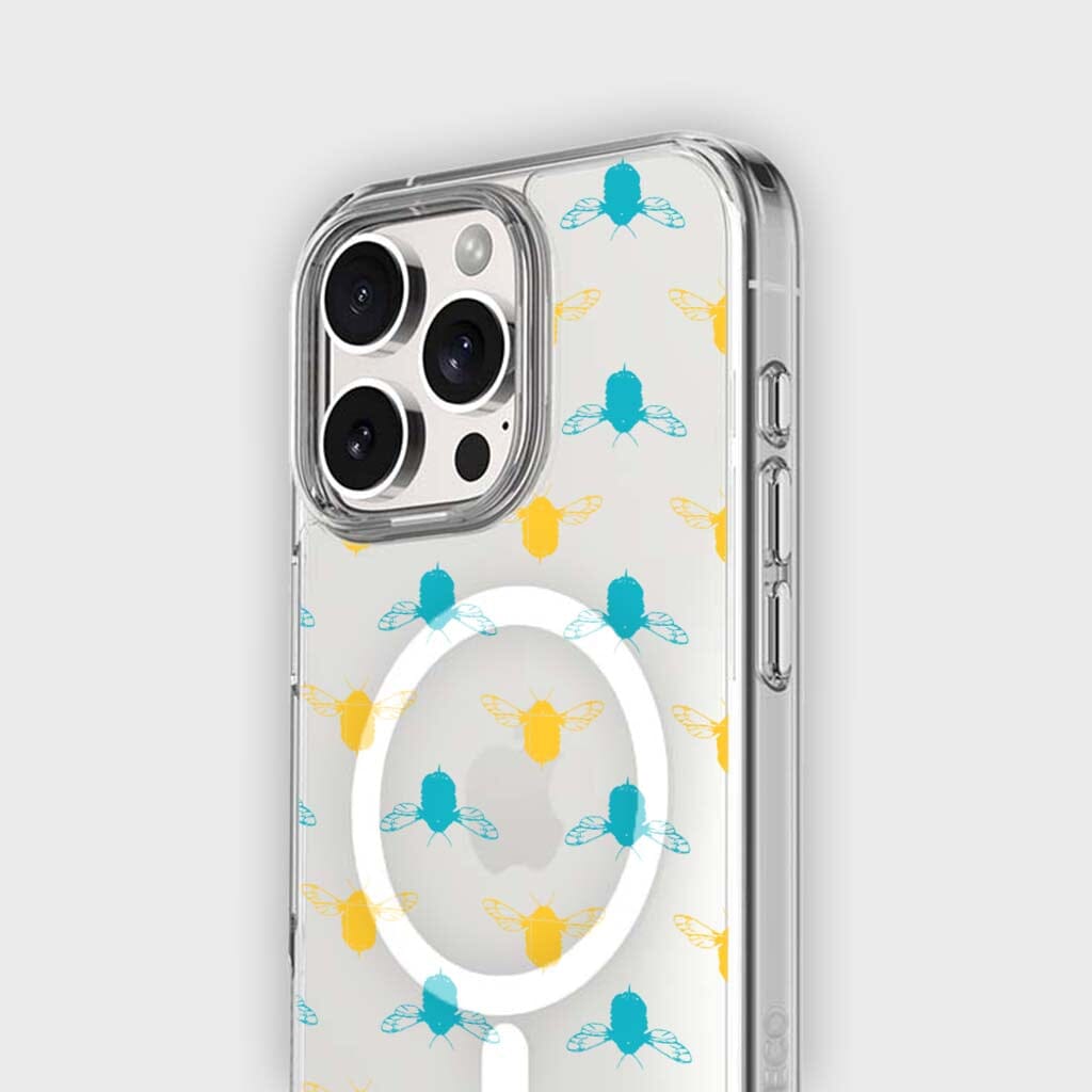 iPhone 16 Pro Max Clear Case - Blue and Yellow Bumble Design