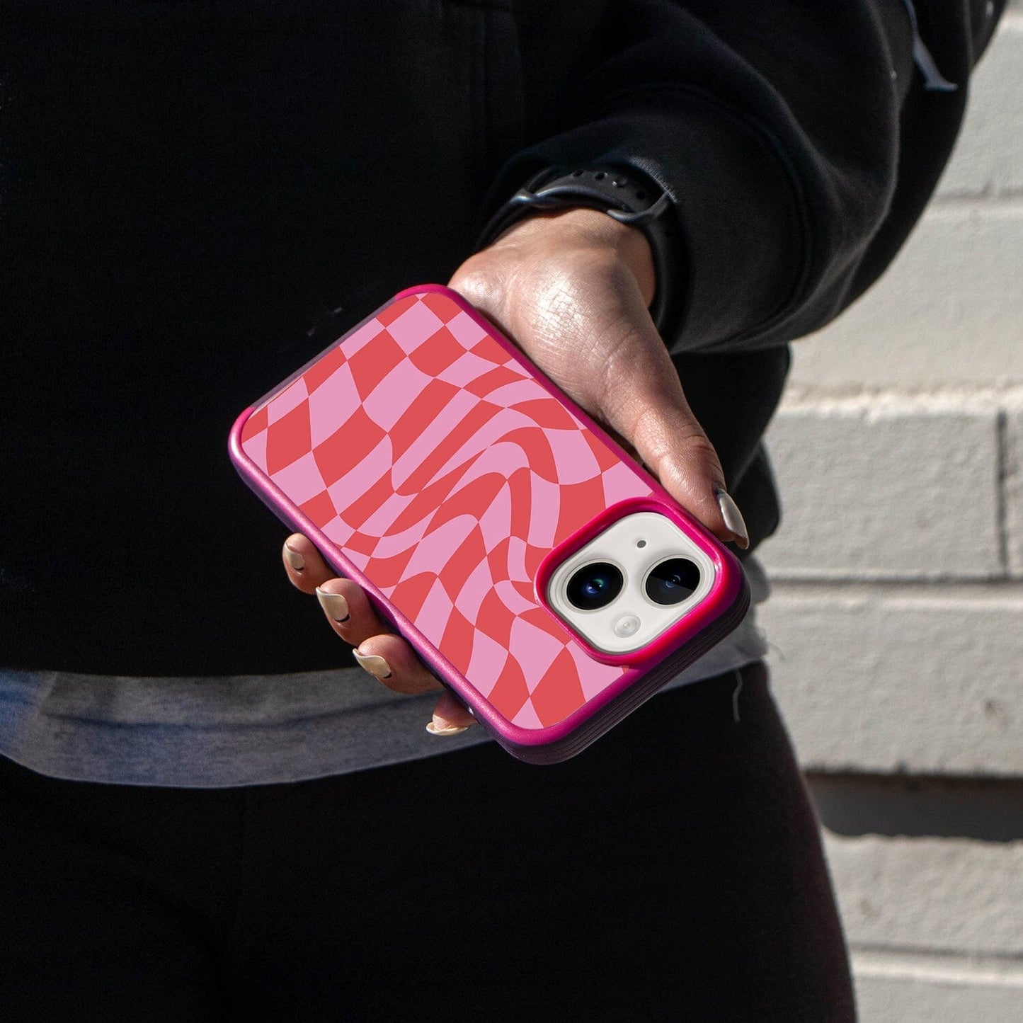 MagSafe iPhone 13 Pink Swirl Checkerboard Print Case