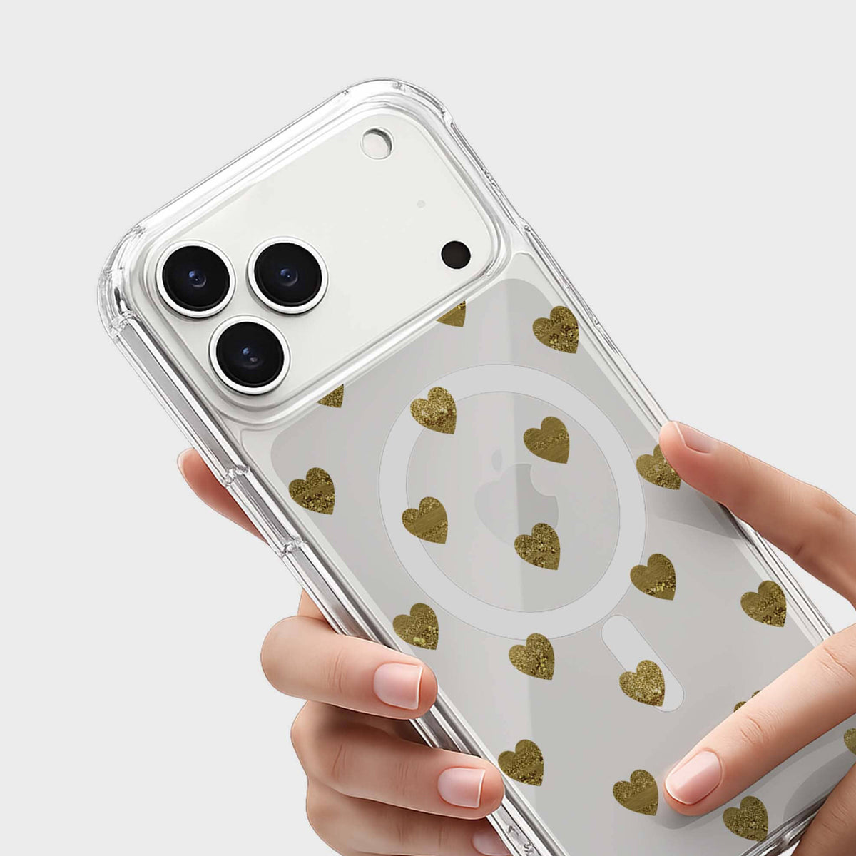 iPhone 18 Pro Max Gold Hearts Clear Case with MagSafe