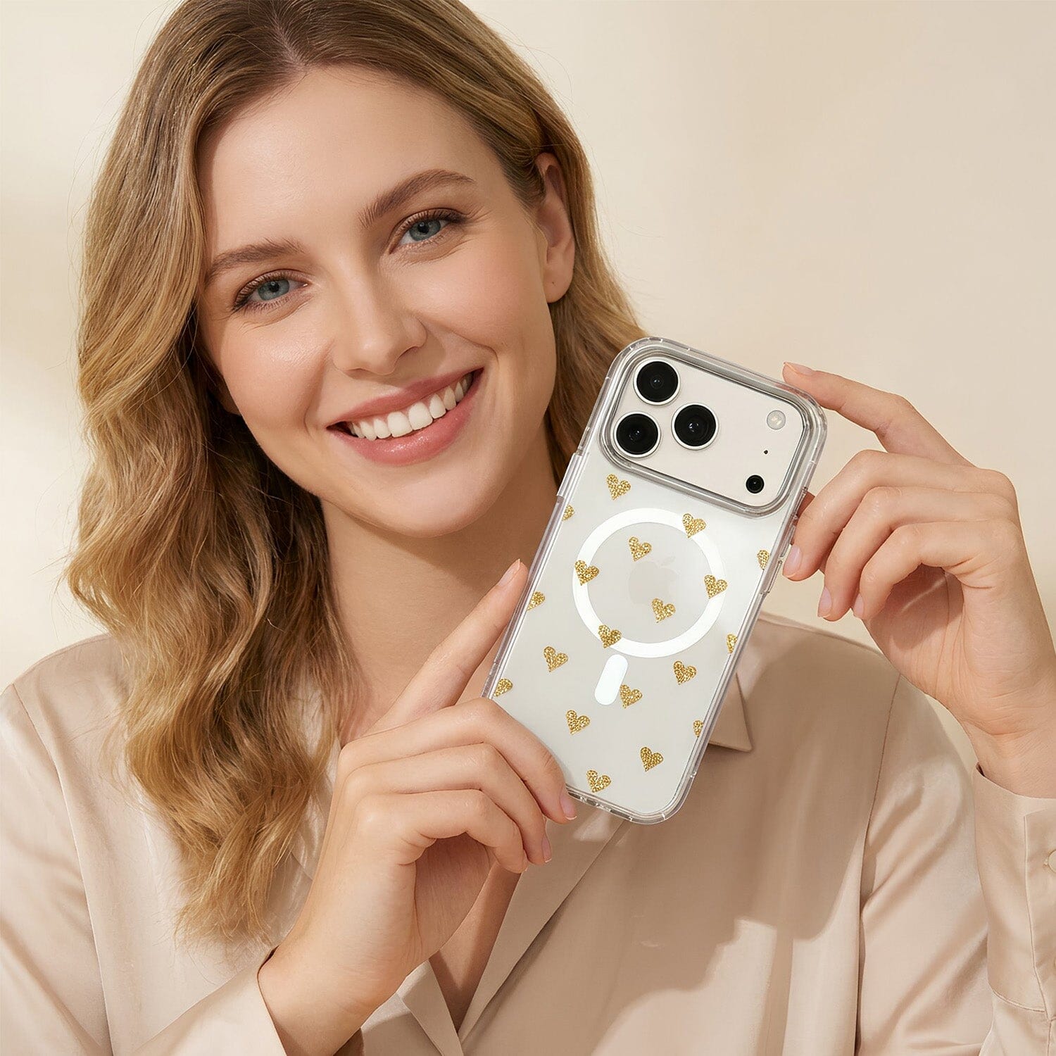 iPhone 17 Pro Max Gold Hearts Clear Case With MagSafe