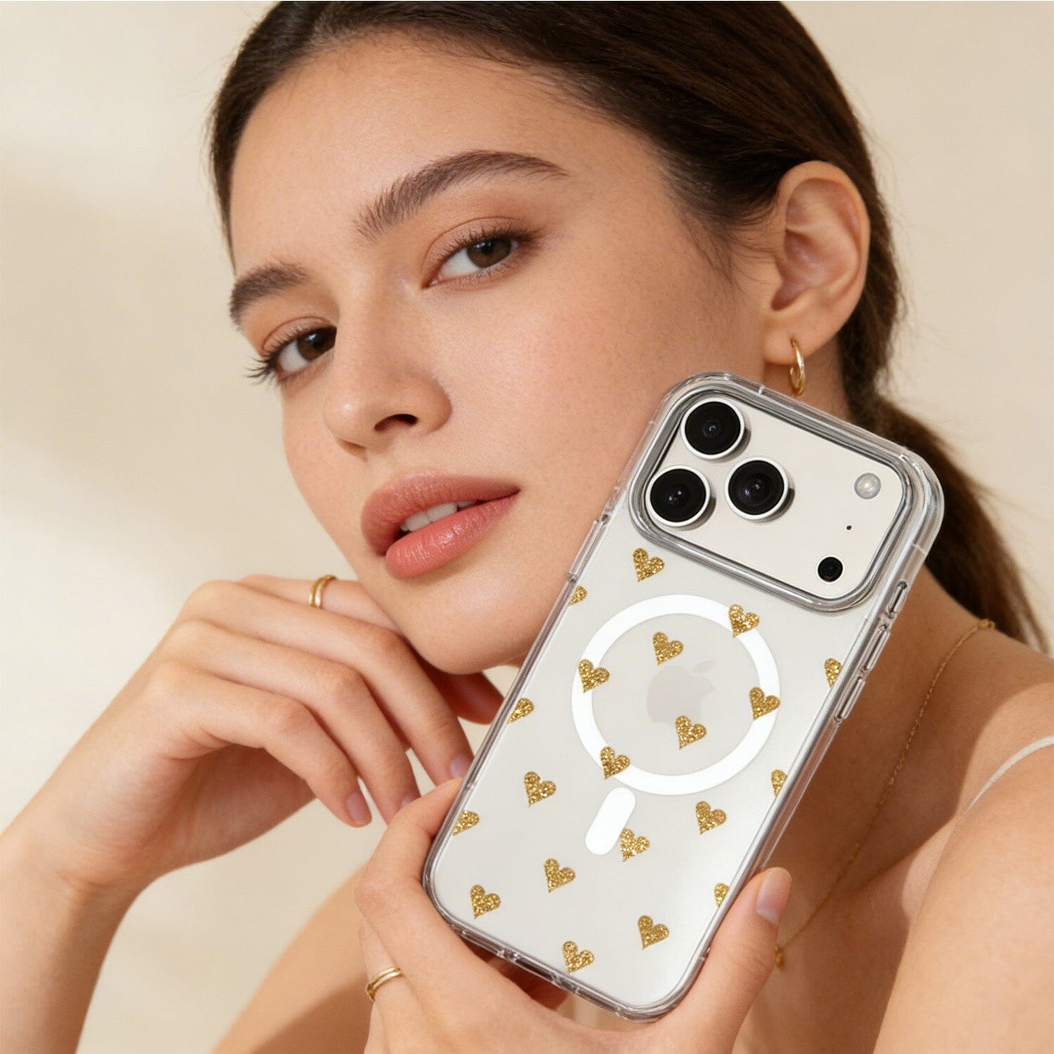 iPhone 17 Pro Max Gold Hearts Clear Case With MagSafe