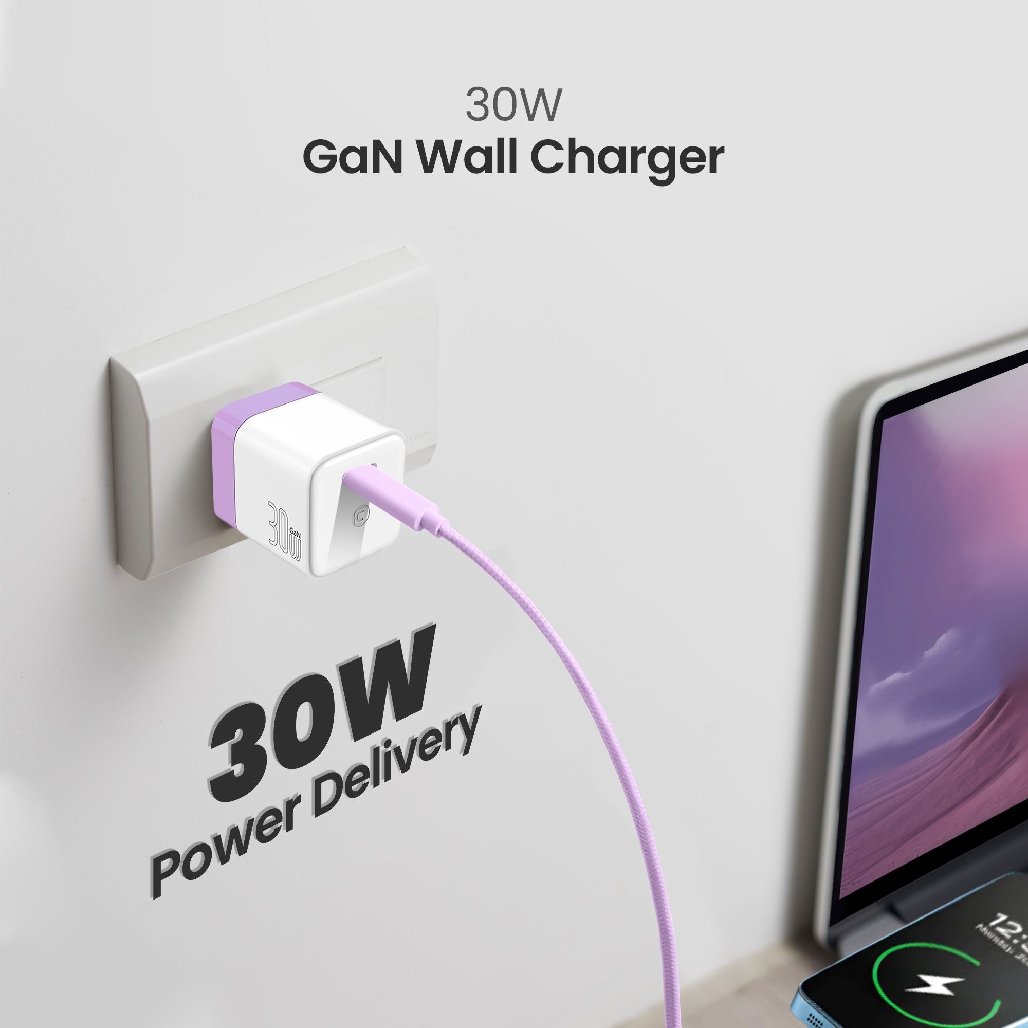 GaN 30W Wall Charger with 100W Type C to Type C Cable - Cobalt Violet