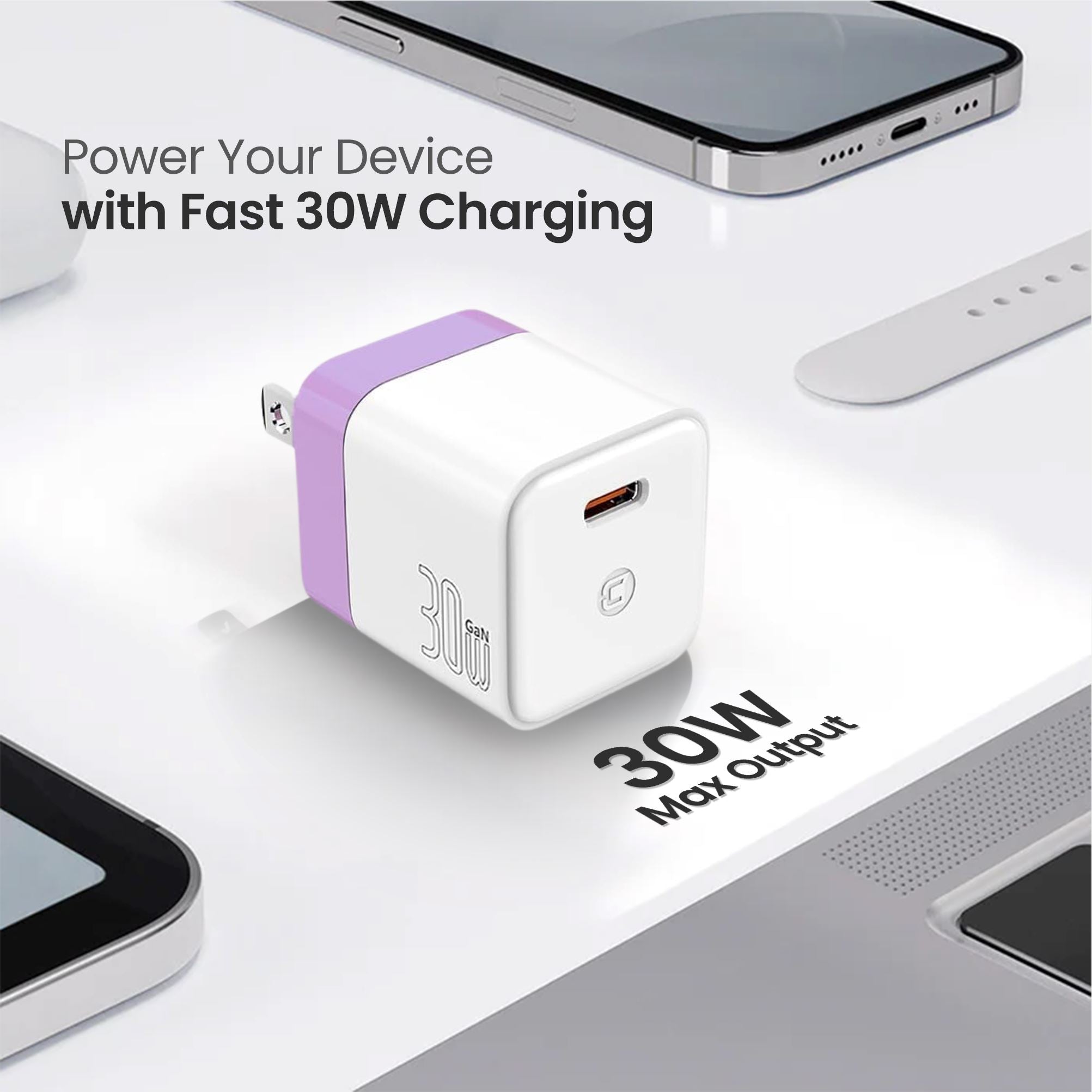 GaN 30W Wall Charger with 100W Type C to Type C Cable - Cobalt Violet