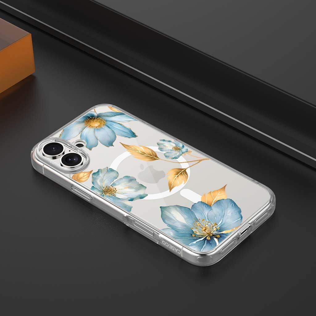 MagSafe iPhone 16 Blue Wildflower Clear Case