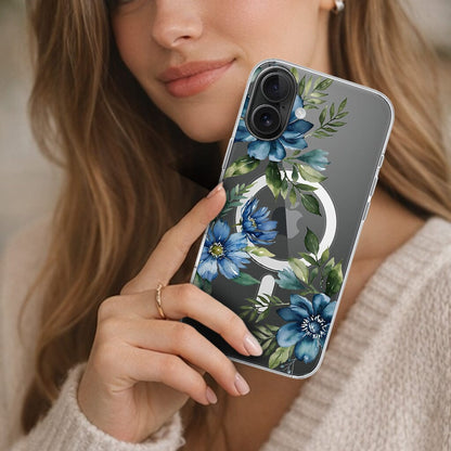 MagSafe iPhone 16 Blue Floral Clear Case