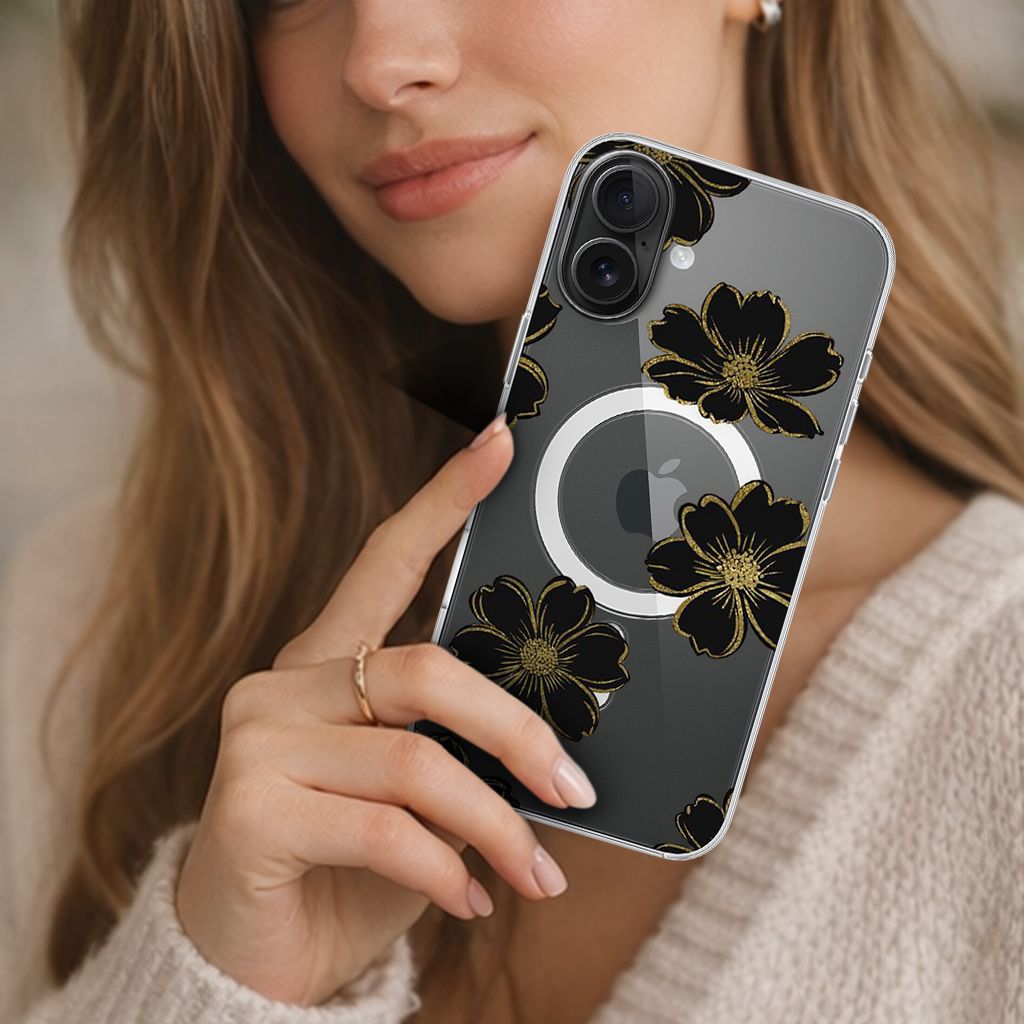 MagSafe iPhone 16 Black Flower Clear Case