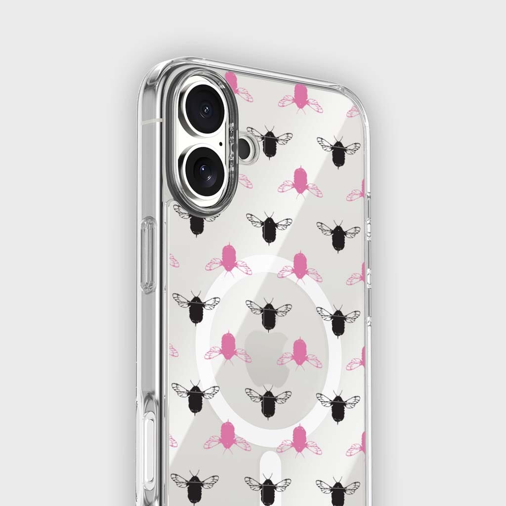 iPhone 16 Clear Case - Black and Pink Bumble Design