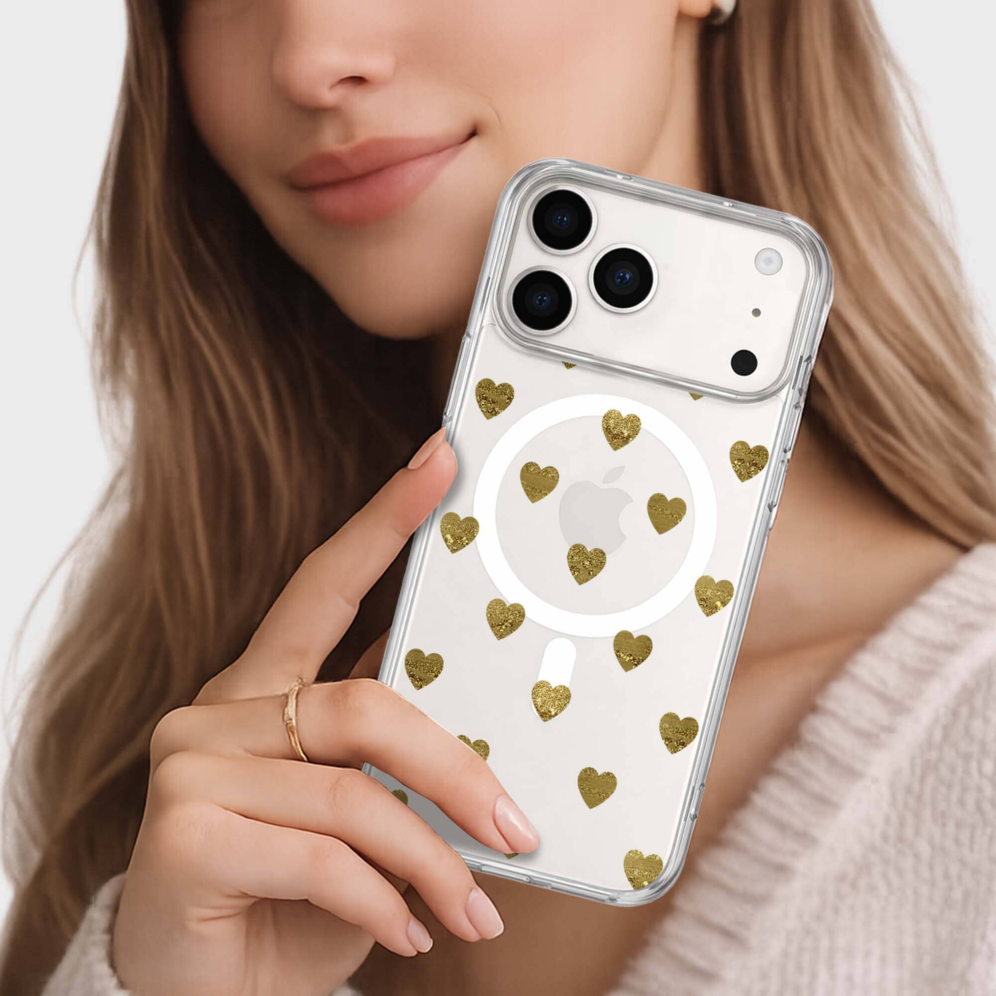 MagSafe iPhone 17 Pro Gold Hearts Clear Case