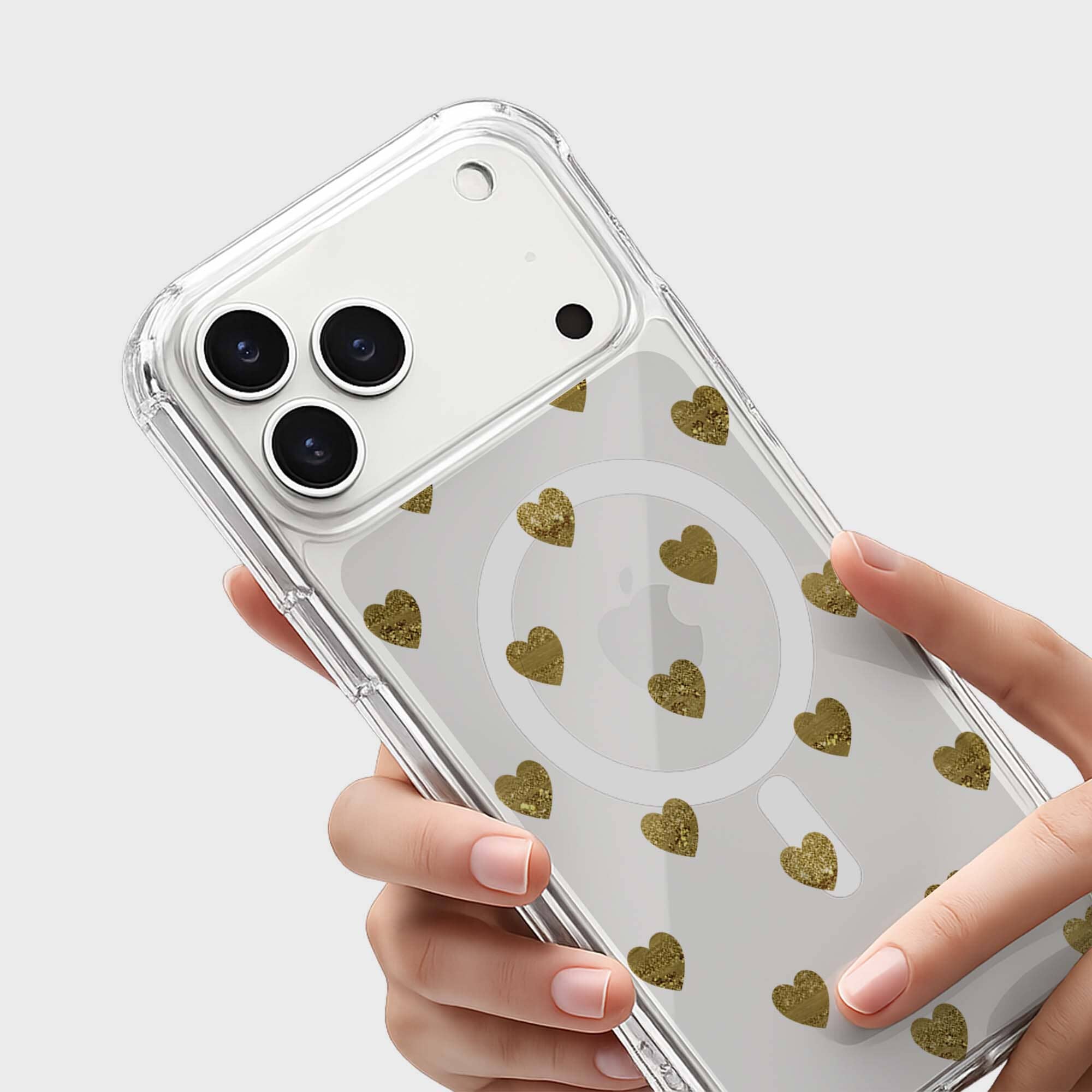 MagSafe iPhone 17 Pro Gold Hearts Clear Case