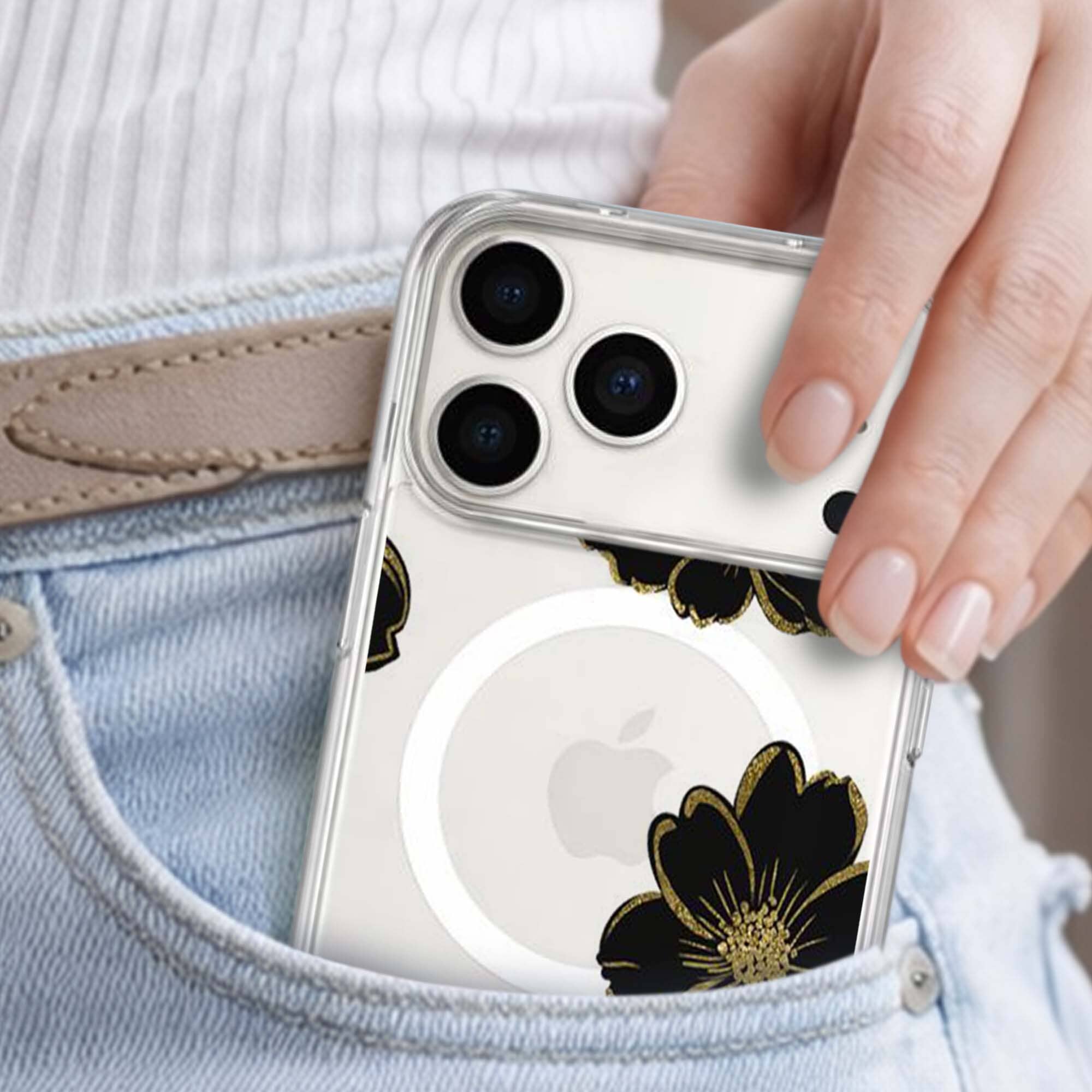 MagSafe iPhone 17 Pro Black Flower Clear Case