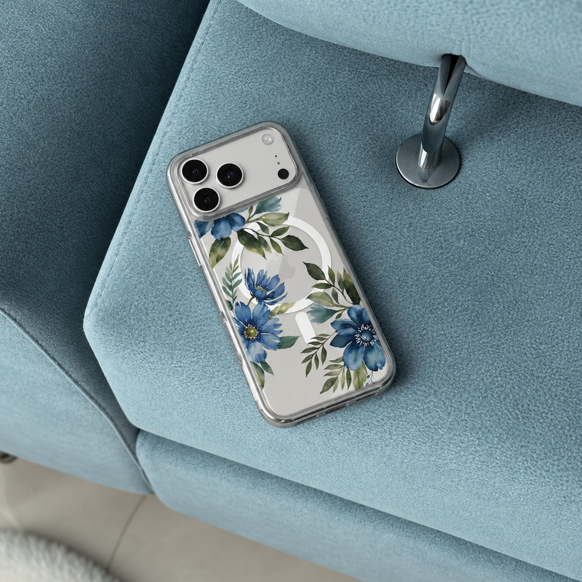 iPhone 18 Pro Max Blue Floral Clear Case with MagSafe
