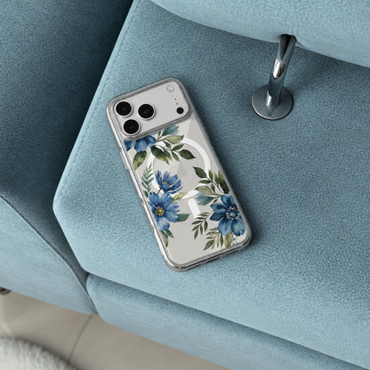 iPhone 18 Pro Max Blue Floral Clear Case with MagSafe