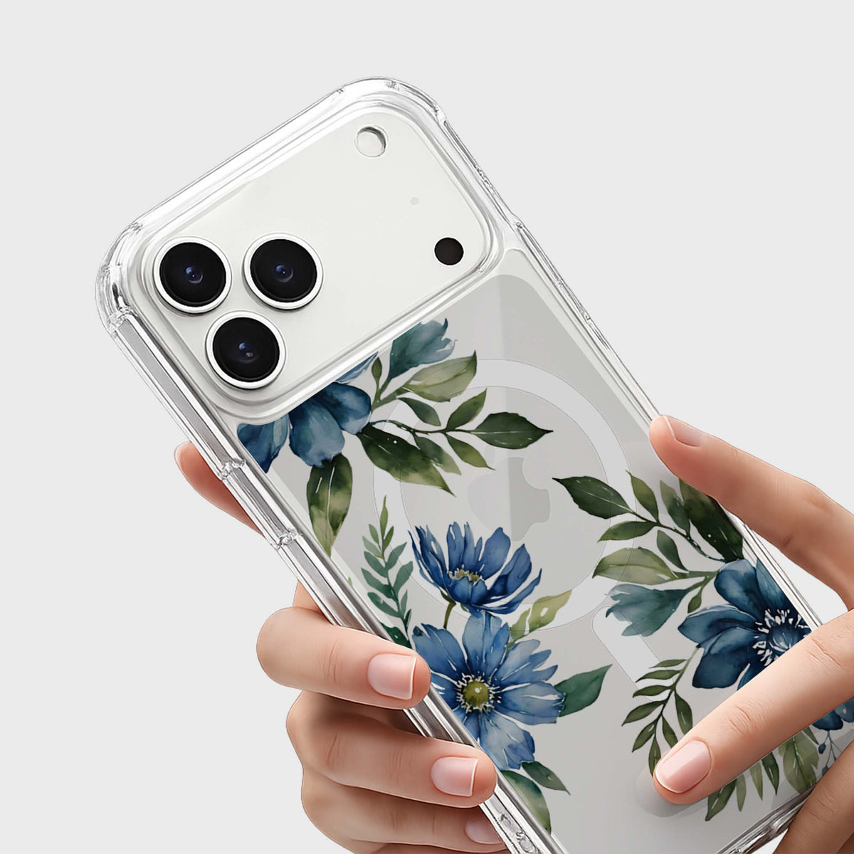 iPhone 18 Pro Max Blue Floral Clear Case with MagSafe