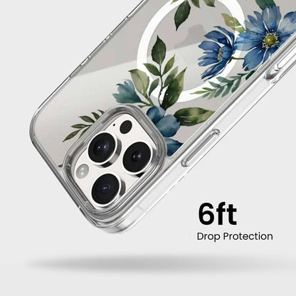 MagSafe iPhone 16 Pro Blue Floral Clear Case