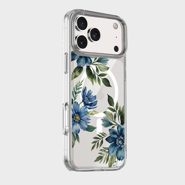 iPhone 17 Pro Max Blue Floral Clear Case with MagSafe | 10‑ft Drop