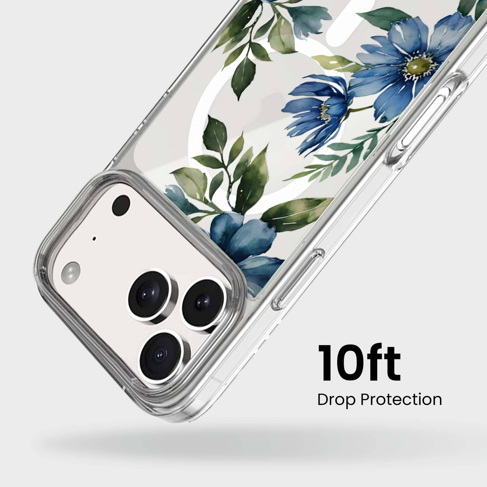 MagSafe iPhone 17 Pro Blue Floral Clear Case