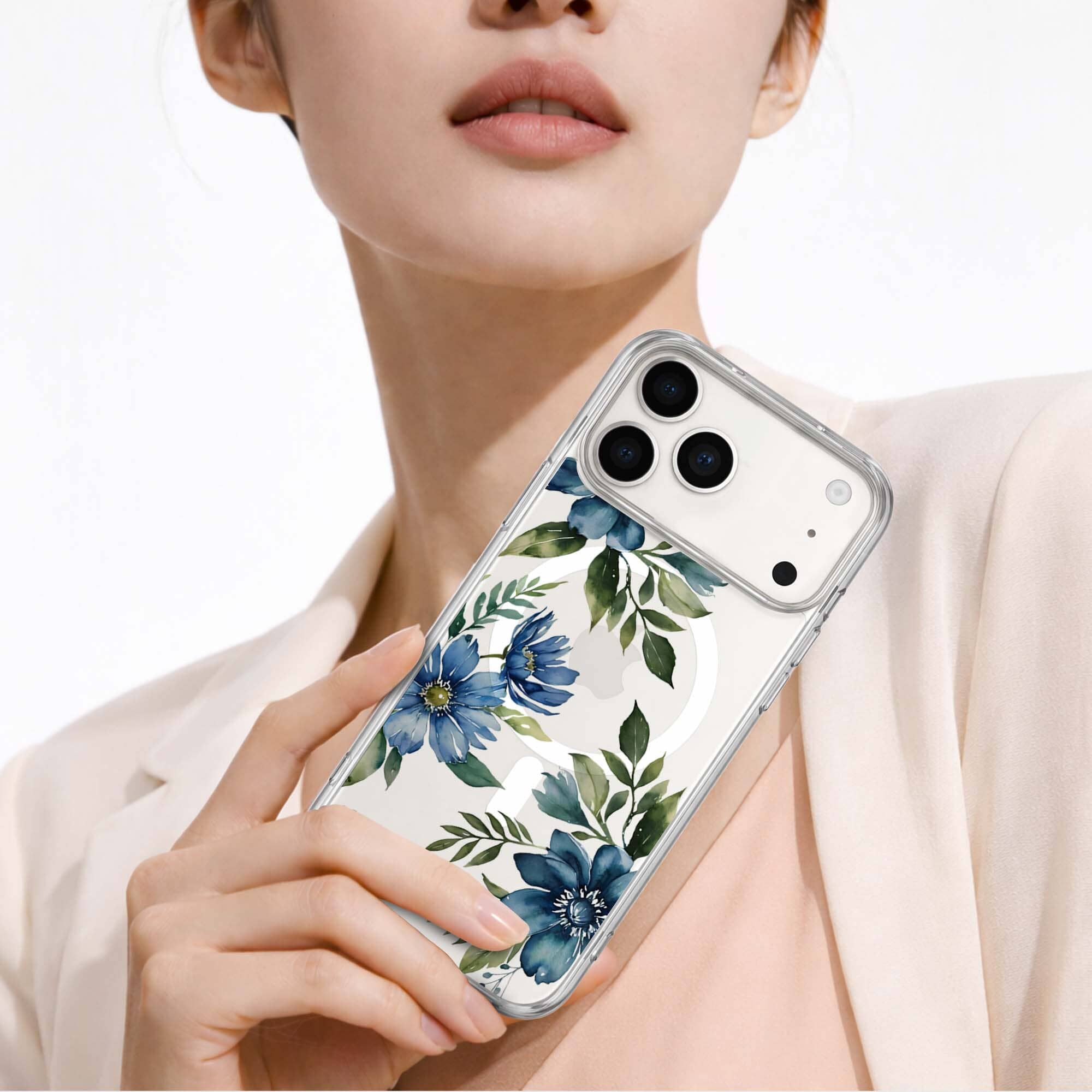 MagSafe iPhone 17 Pro Blue Floral Clear Case