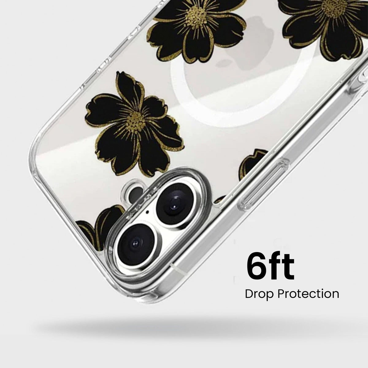 MagSafe iPhone 16 Black Flower Clear Case